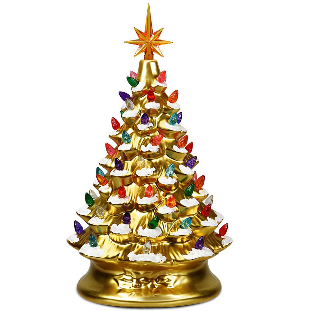 Costway 15 in. Gold Ceramic Tabletop Christmas Tree with Lights-CM22111