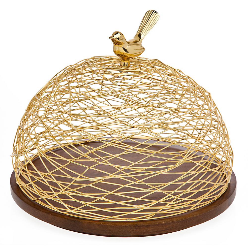 Nest Wood Gold Dome Cake Plate with Bird
