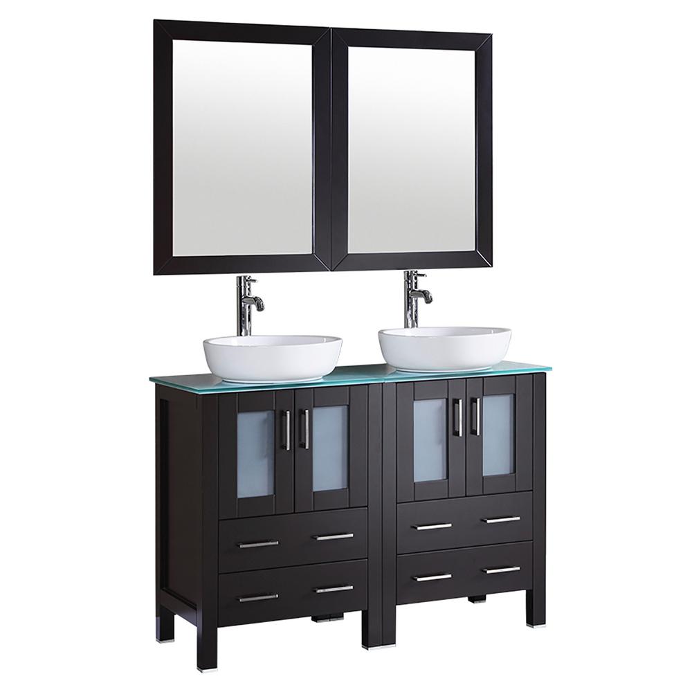 Bosconi 48 In W Double Bath Vanity With Tempered Glass Top Green White Basin And Mirror