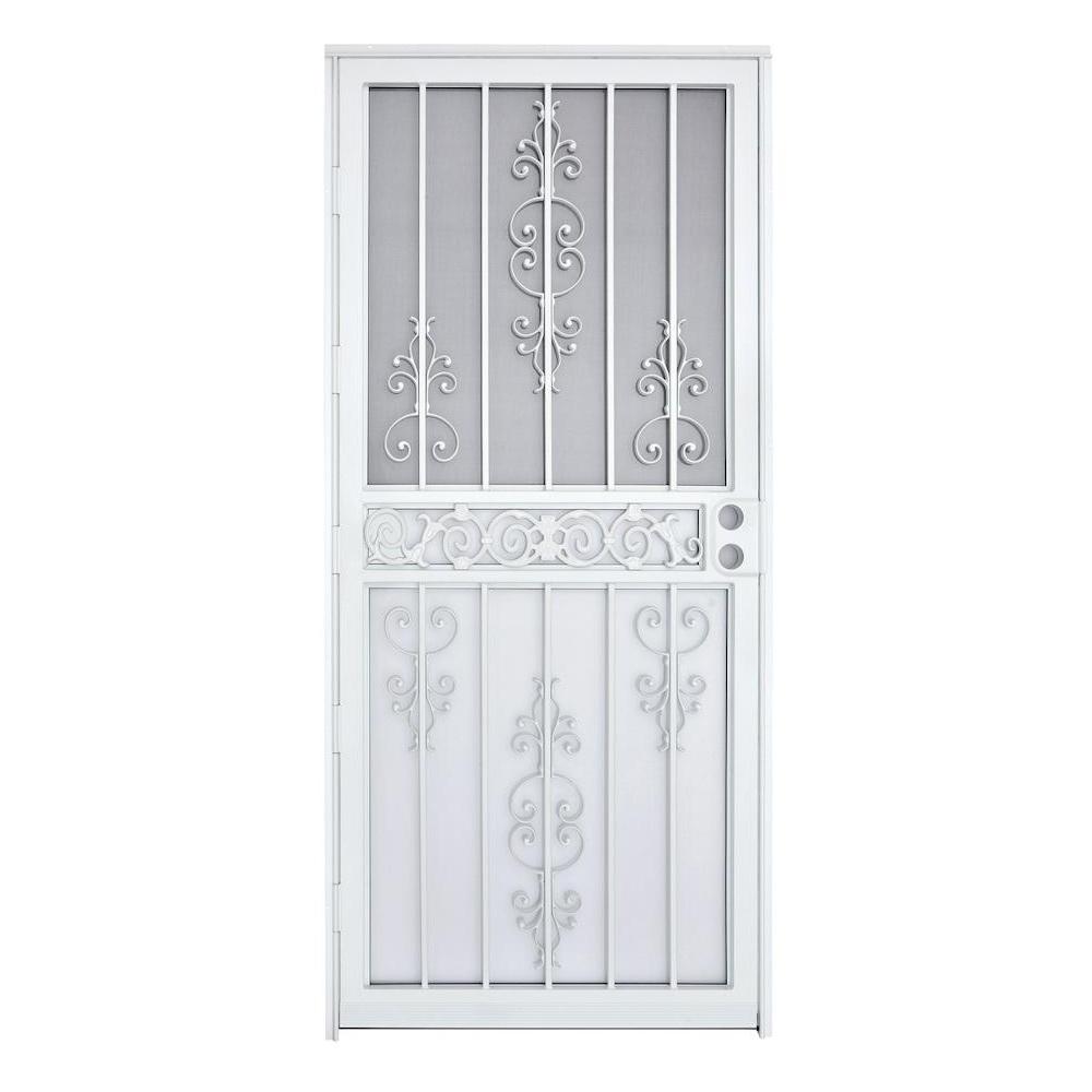 Grisham 32 in. x 80 in. 409 Series Spanish Lace Steel White Prehung Security Door, Powder Coated White. Reversible Hinging