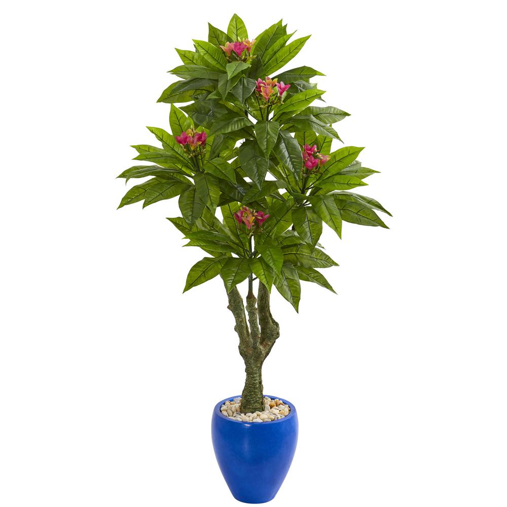 Nearly Natural Indoor Outdoor 5 Ft Plumeria Artificial Tree In Nearly Natural Indoor Outdoor 5 Ft Plumeria Artificial Tree In Decorative Blue Planter