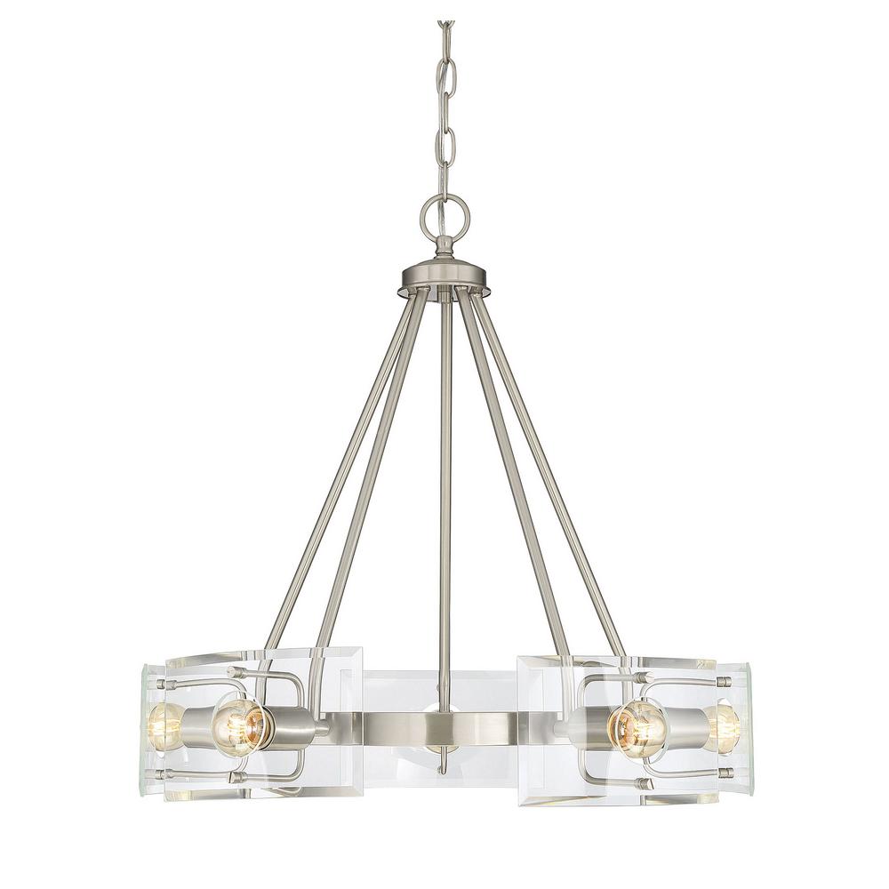 Clear Transitional Filament Design Chandeliers Lighting 5 Light Satin Nickel Chandelier With Clear Curved Beveled Glass