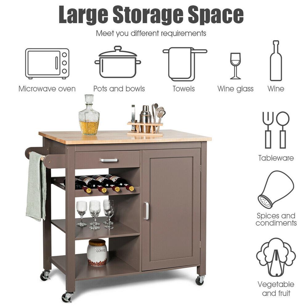 Costway Brown Kitchen Island Trolley Cart Wood Top Storage Cabinet