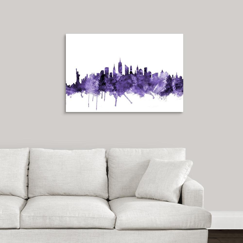 New York City Night Purple Skyline Photo Print on Canvas Cityscape Poster FRAMED