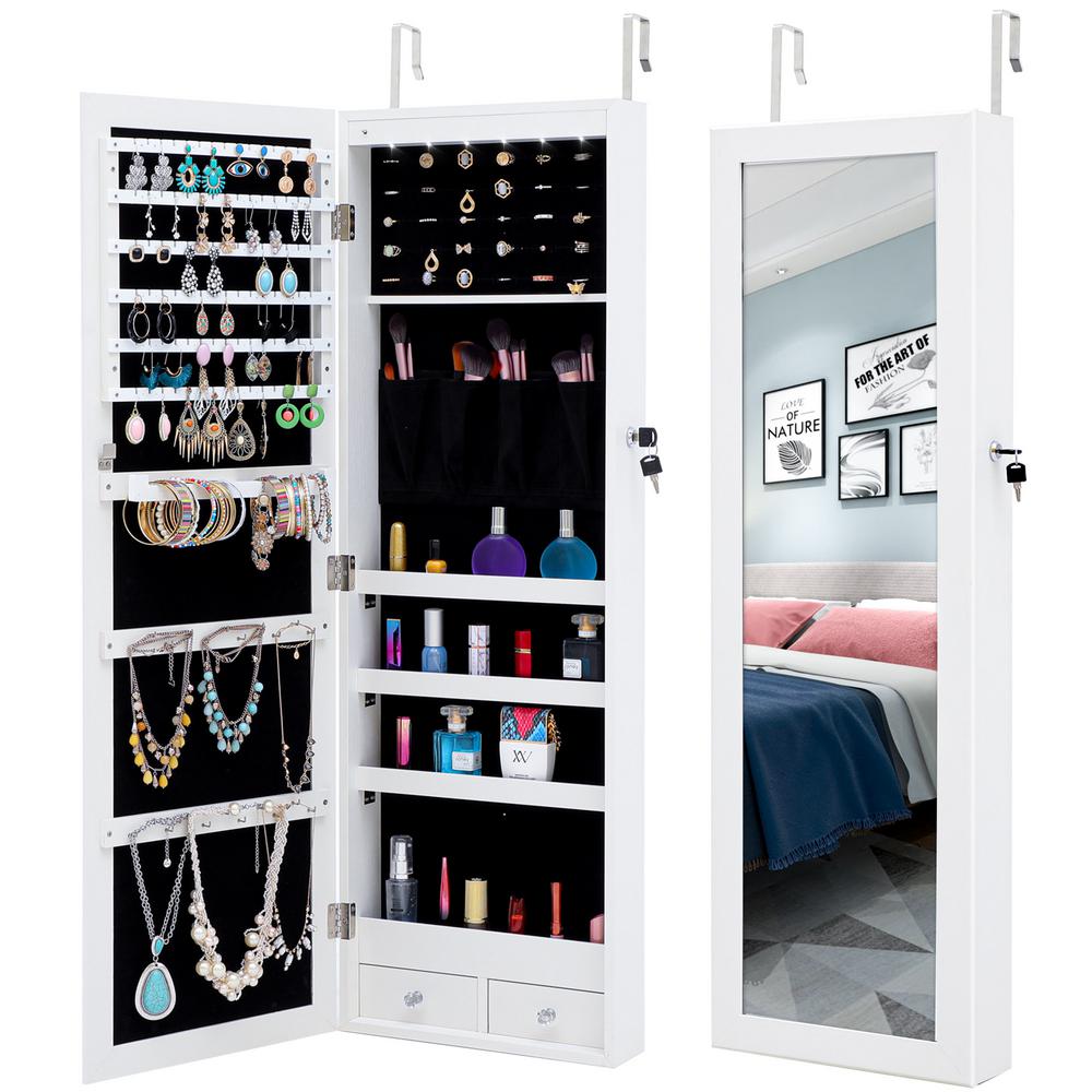 TWING Jewelry Armoire Jewelry Organizer Wall Mounted Lockable 6 LEDs Wall Mounted Jewelry Armoire with Mirror 3 Drawers Door Large Jewelry Armoire Cabinet White