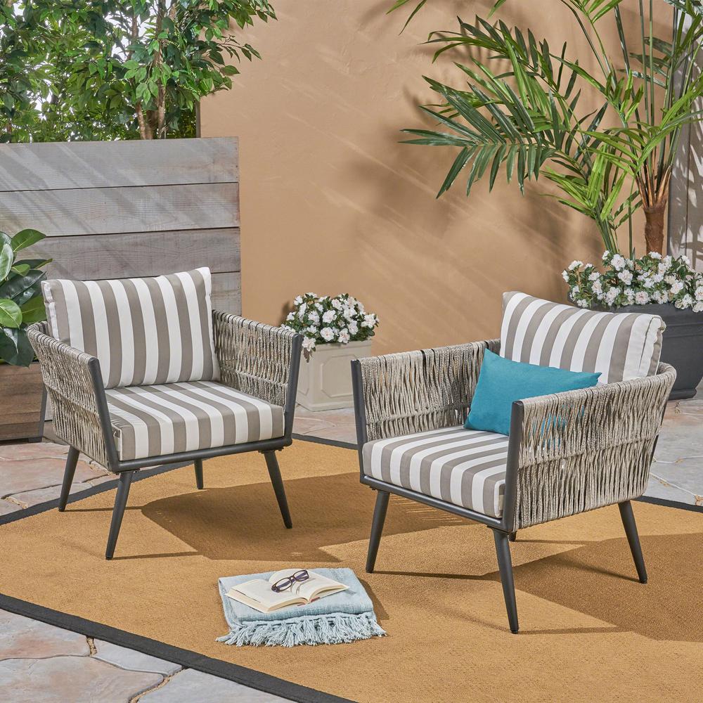 Le House Oce Black Aluminum And Light Gray Wicker Armed Outdoor Lounge Chair With Striped White Cushions 2 Pack Le House Oce Black Aluminum And Light Gray Wicker Armed Outdoor Lounge Chair With Striped White Cushions 2 Pack