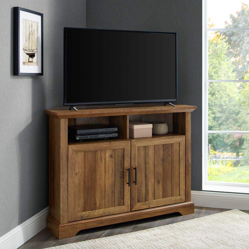Welwick Designs 44 In Reclaimed Barnwood Composite Corner Tv Stand Fits Tvs Up To 48 In With Storage Doors Hd8115 The Home Depot