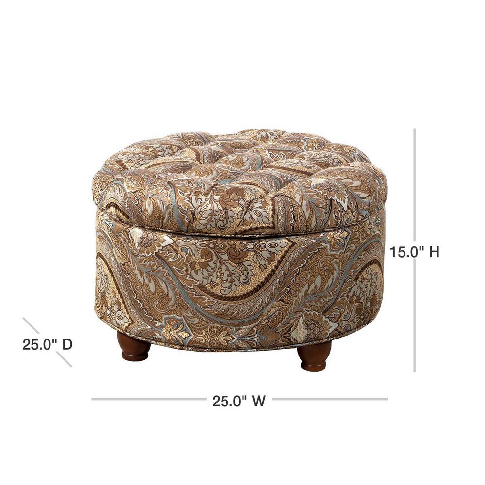 Homepop Button Tufted Round Storage Ottoman Brown And Teal Paisley N8264 F1044 The Home Depot