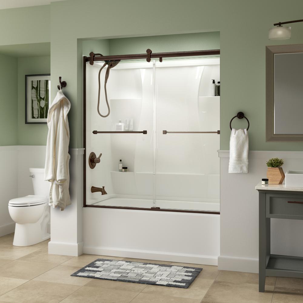 Everly 60 x 58-3/4 in. Frameless Contemporary Sliding Bathtub Door in Bronze with Clear Glass