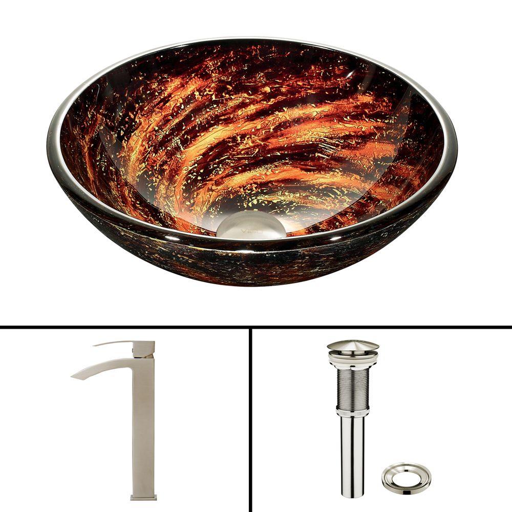 VIGO Glass Vessel Sink in Gray Onyx and Dior Faucet Set in Brushed