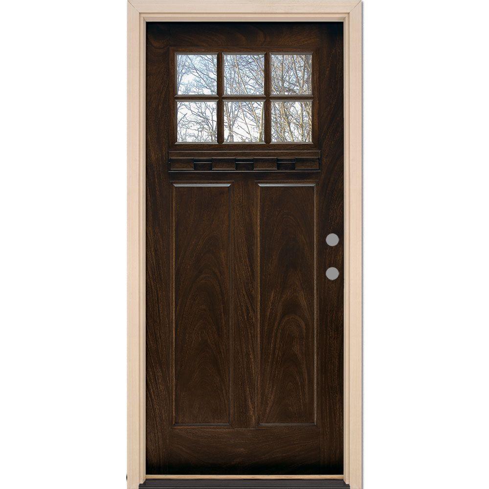 Feather River Doors 37 5 In X 81 625 In 6 Lite Craftsman Stained Chestnut Mahogany Left Hand Inswing Fiberglass Prehung Front Door