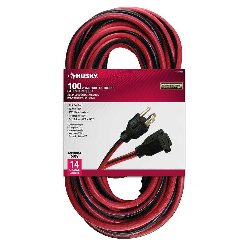 Husky 100 ft. 14/3 Indoor/Outdoor Extension Cord, Red and Black, Red with Black Stripe