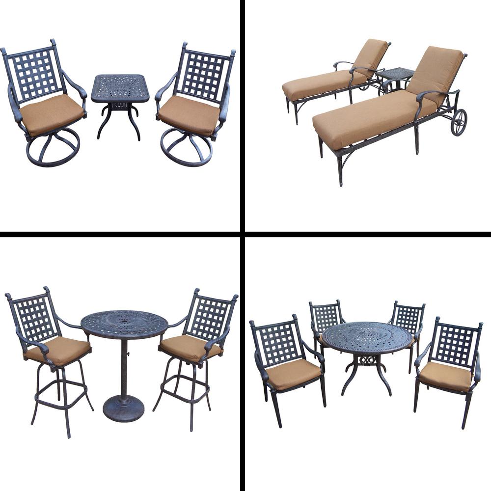 Standard Dining Height Bar Table Round Patio Furniture Belmont Premier 14 Piece Aluminum Outdoor Dining Set With Sunbrella Brown Cushions