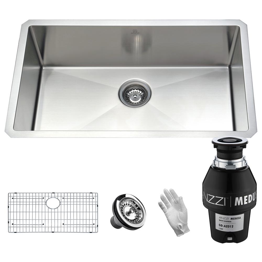 Anzzi Vanguard Undermount Stainless Steel 30 In Single Bowl Kitchen Sink With Medusa Series 1 2 Hp Garbage Disposal