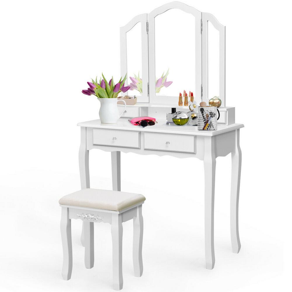 Costway 4 Drawer White Vanity Set Tri With Folding Mirror Makeup Table Stool Set Home Desk Hw55563wh The Home Depot