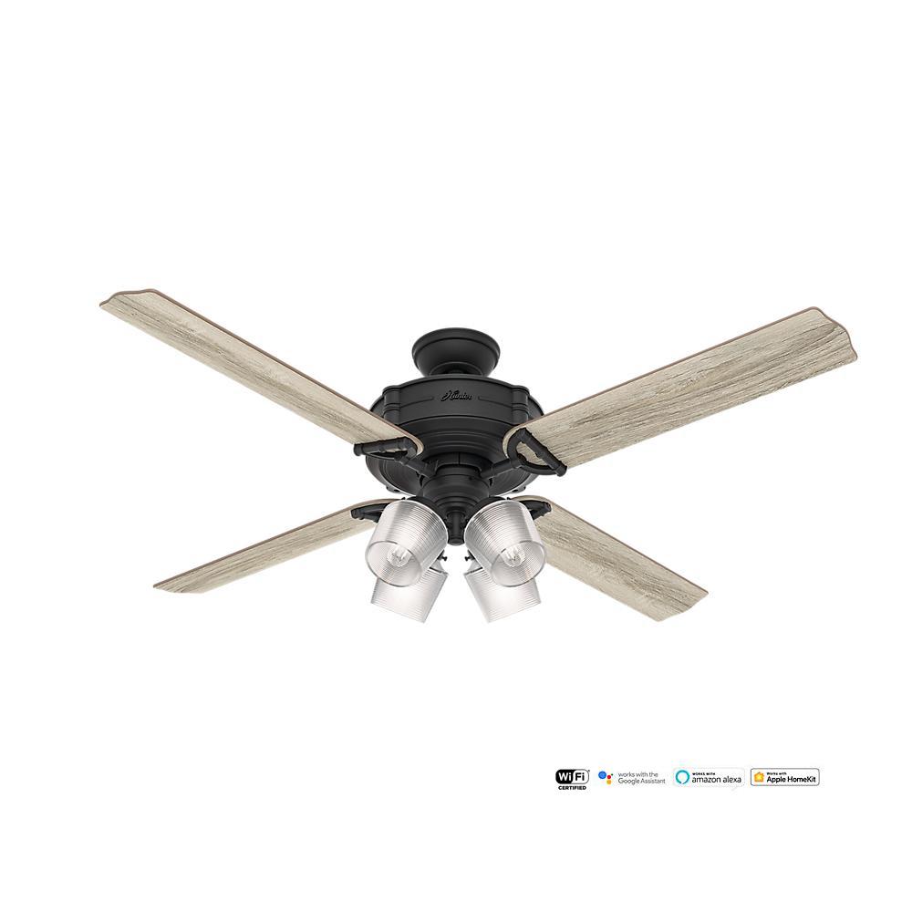 Hunter Brunswick 52 In Led Indoor Fresh White Ceiling Fan With Led Indoor Natural Iron Wi Fi Enabled Ceiling Fan With 4 Light Kit And Handheld Remote Control
