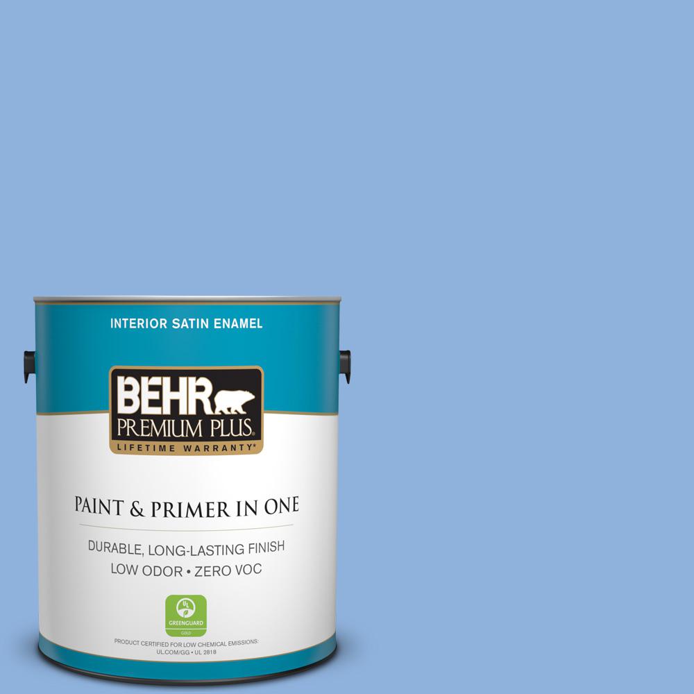 Behr Premium Plus 1 Gal 580b 5 Cornflower Blue Satin Enamel Low 580b 5 Cornflower Blue Satin Enamel Low Odor Interior Paint And Primer In One 740001 The Home Depot