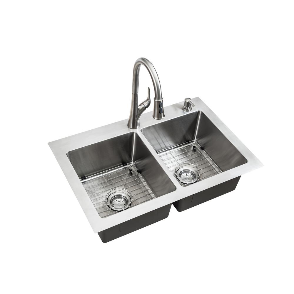 Glacier Bay All In One Dual Mount Stainless Steel 33 In 2 Hole 50 50 Double Bowl Kitchen Sink In Brushed Finish