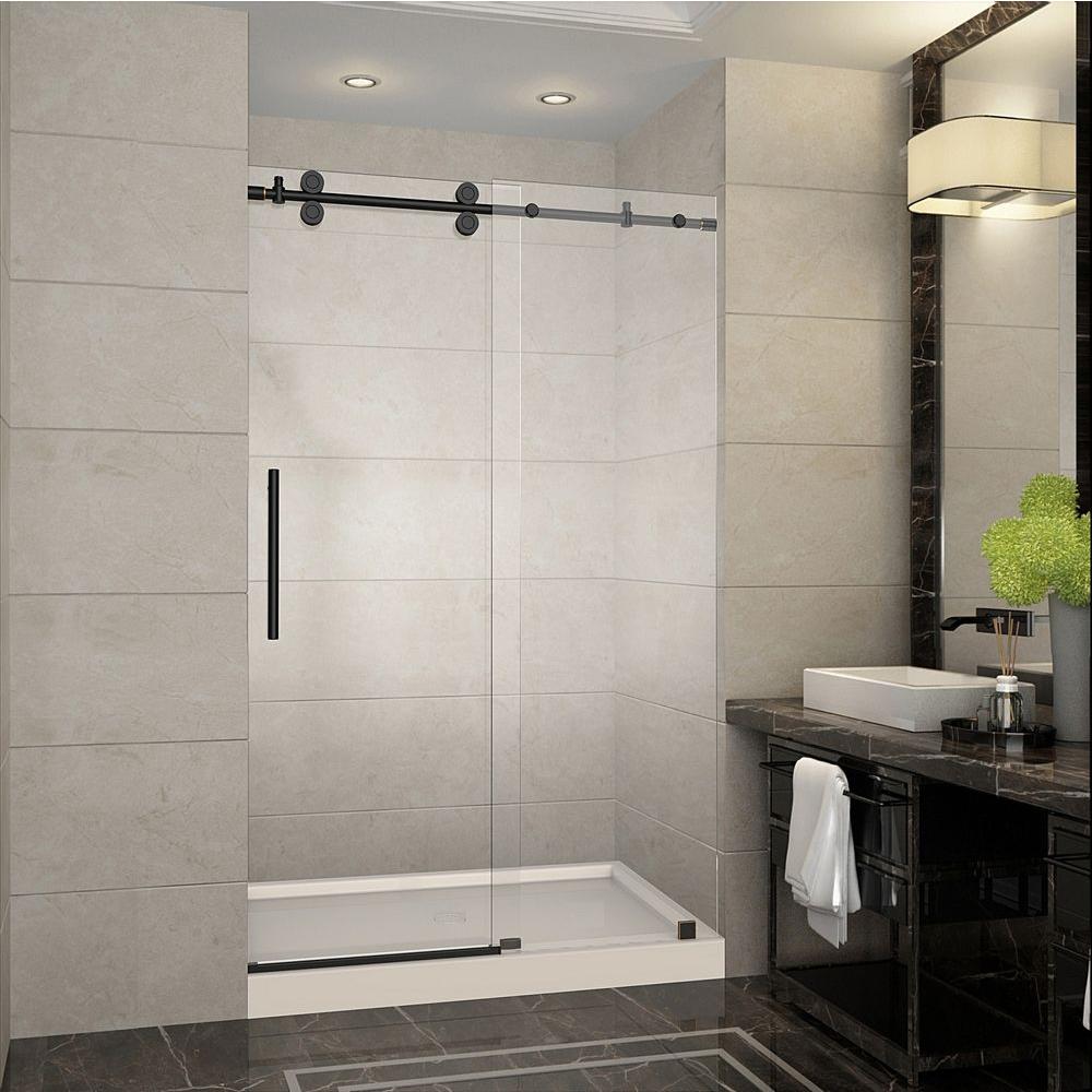 Aston Langham 48 In X 77 5 Completely Frameless Sliding Shower Door Oil Rubbed Bronze With Center Base
