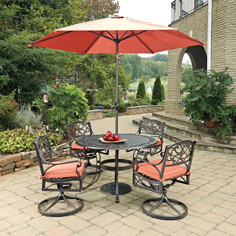 Home Styles Biscayne Rust Bronze 7 Piece Cast Aluminum Outdoor Dining Set With Coral Cushions 4257