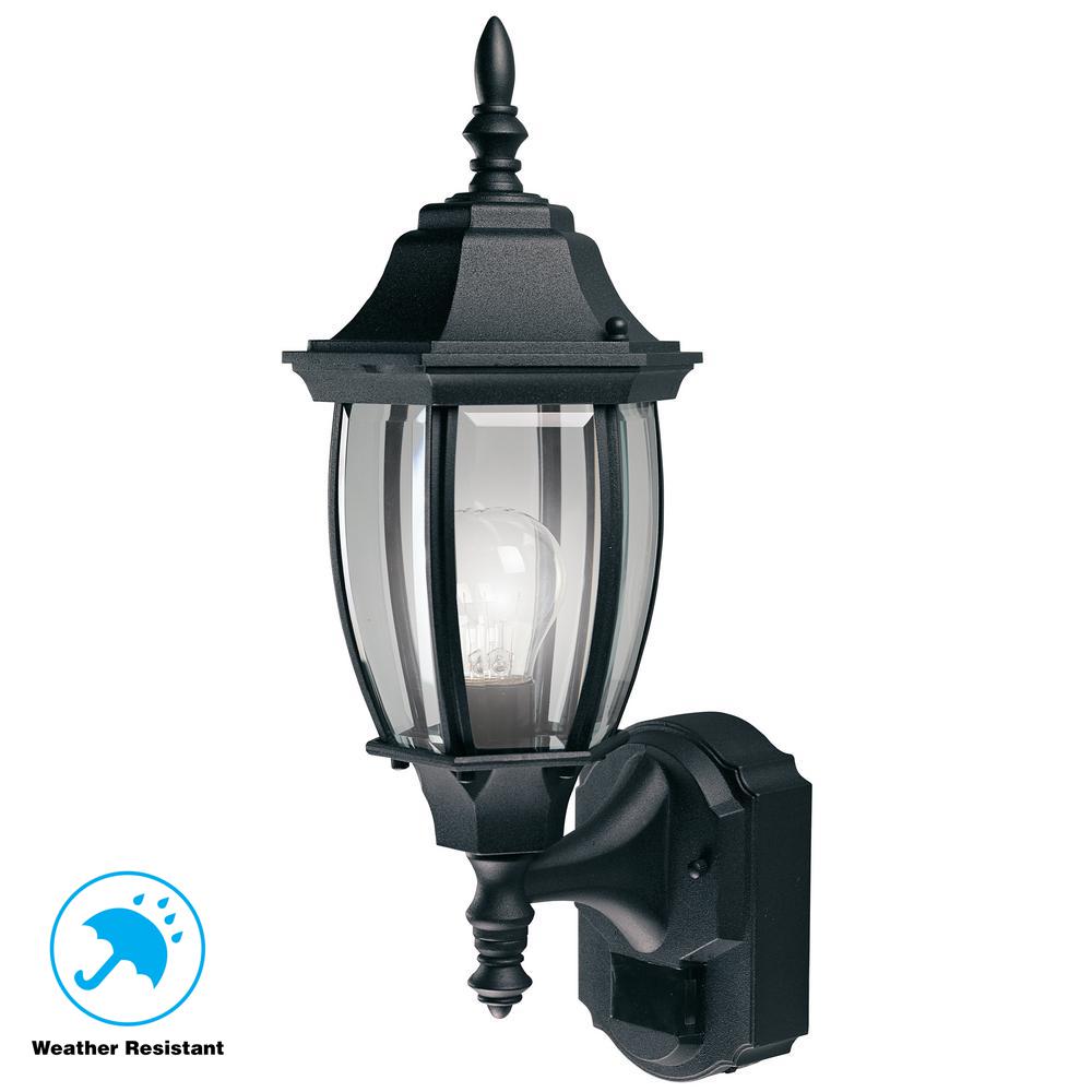 Dusk To Dawn Outdoor Wall Lighting The Home Depot Alexandria 180 Black Motion Sensing Outdoor Decorative Lamp