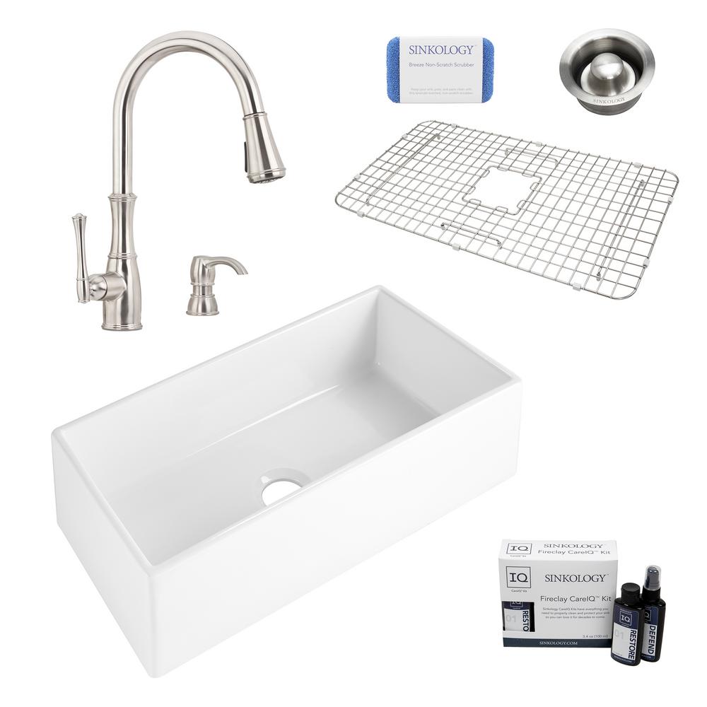 Sinkology Harper All In One Farmhouse Apron Front Fireclay 36 In Single Bowl Kitchen Sink With Pfister Wheaton Faucet And Drain Sk495 36 Whs D The Home Depot