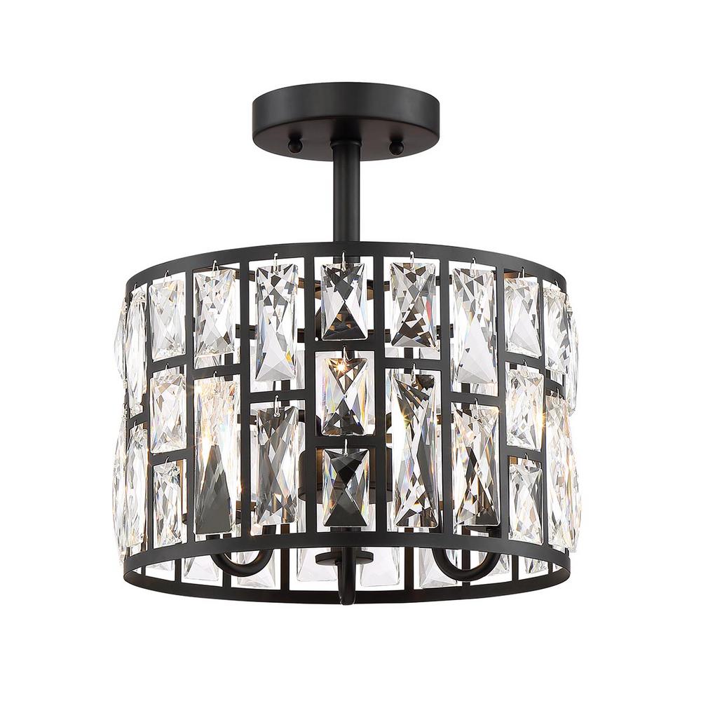 Home Decorators Collection Kristella 12.5 in. 3-Light Matte Black Semi Flush Mount Light with Clear Crystal Shade