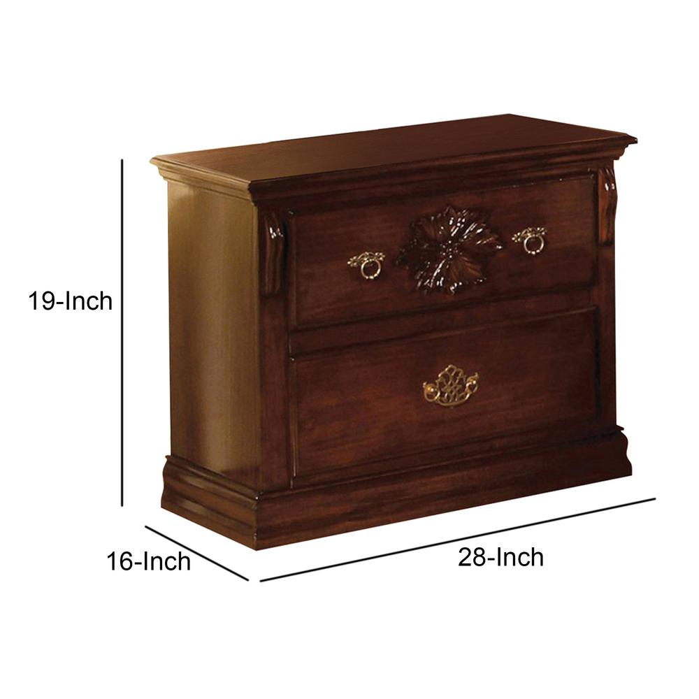 Benjara Dark Brown 2 Drawer Wooden Nightstand With Carved Floral Accents 16 In L X 28 In W X 19 In H Bm123240 The Home Depot