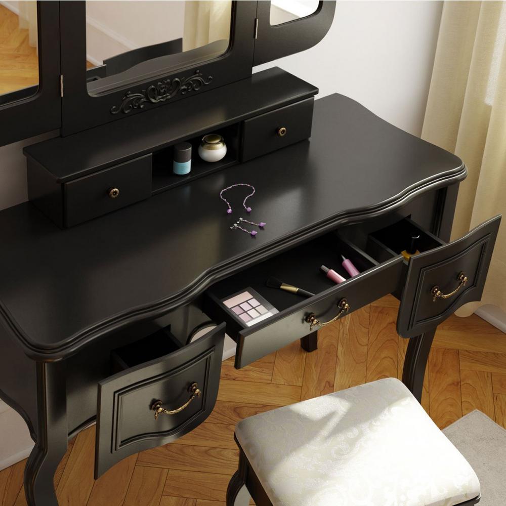 Boyel Living Vanity Set Makeup Black Table Tri Folding Mirror