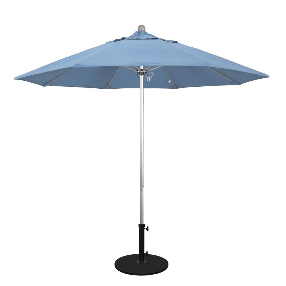 California Umbrella 9 Ft Silver Anodized Aluminum Market Patio Umbrella With Fiberglass Ribs Push Lift In Air Blue Sunbrella Alto908002 5410 The Home Depot