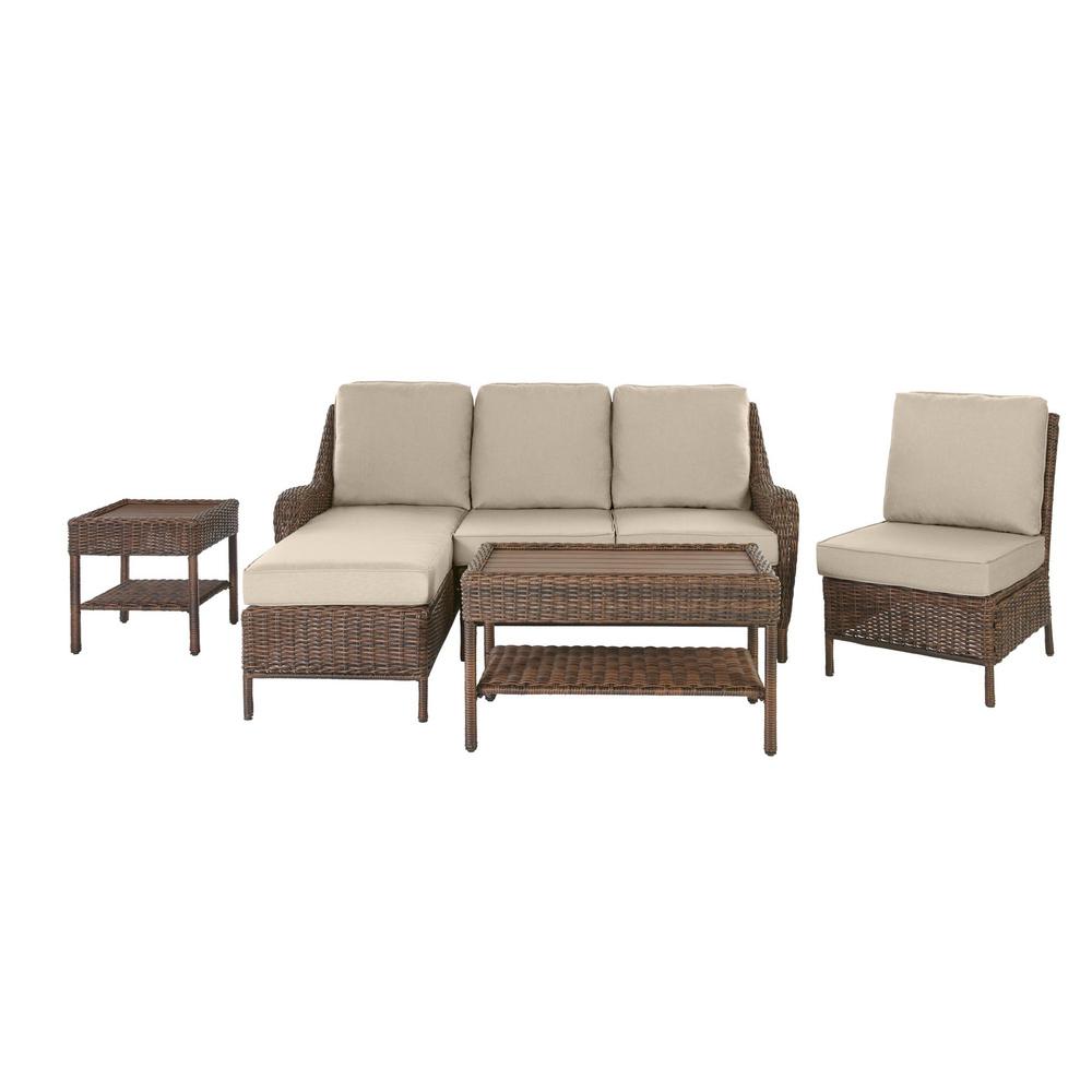 Hampton Bay Cambridge 5-Piece Brown Wicker Outdoor Patio Sectional Sofa