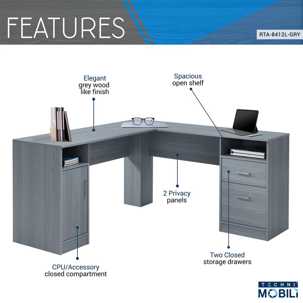 Techni Mobili Functional Grey L Shape Desk With Storage Rta 8412l