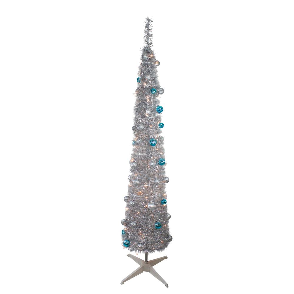 Northlight 6 Ft Pre Lit Silver Tinsel Pop Up Artificial Christmas Tree With Clear Lights The Home Depot