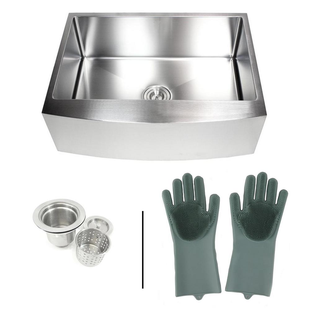 Emoderndecor Farmhouse Apron 16 Gauge Stainless Steel 30 In Curve Front Single Bowl Kitchen Sink With Silicone Gloves And Strainer