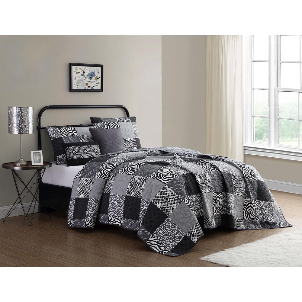 Ziva 5 Piece Black White King Animal Printed Patchwork Quilt Set