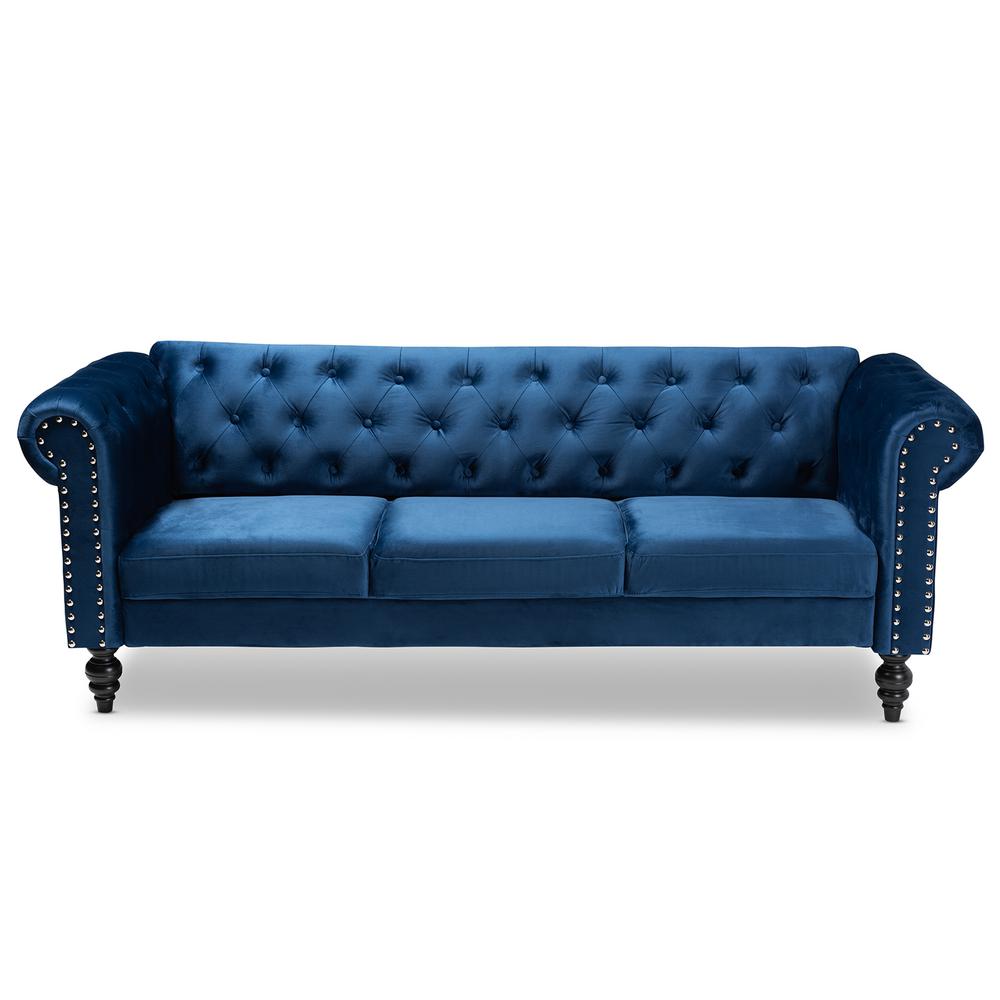 Emma Velvet Upholstered Chesterfield Sofa: Silver Nailheads, Ring Turned Feet - Baxton Studio