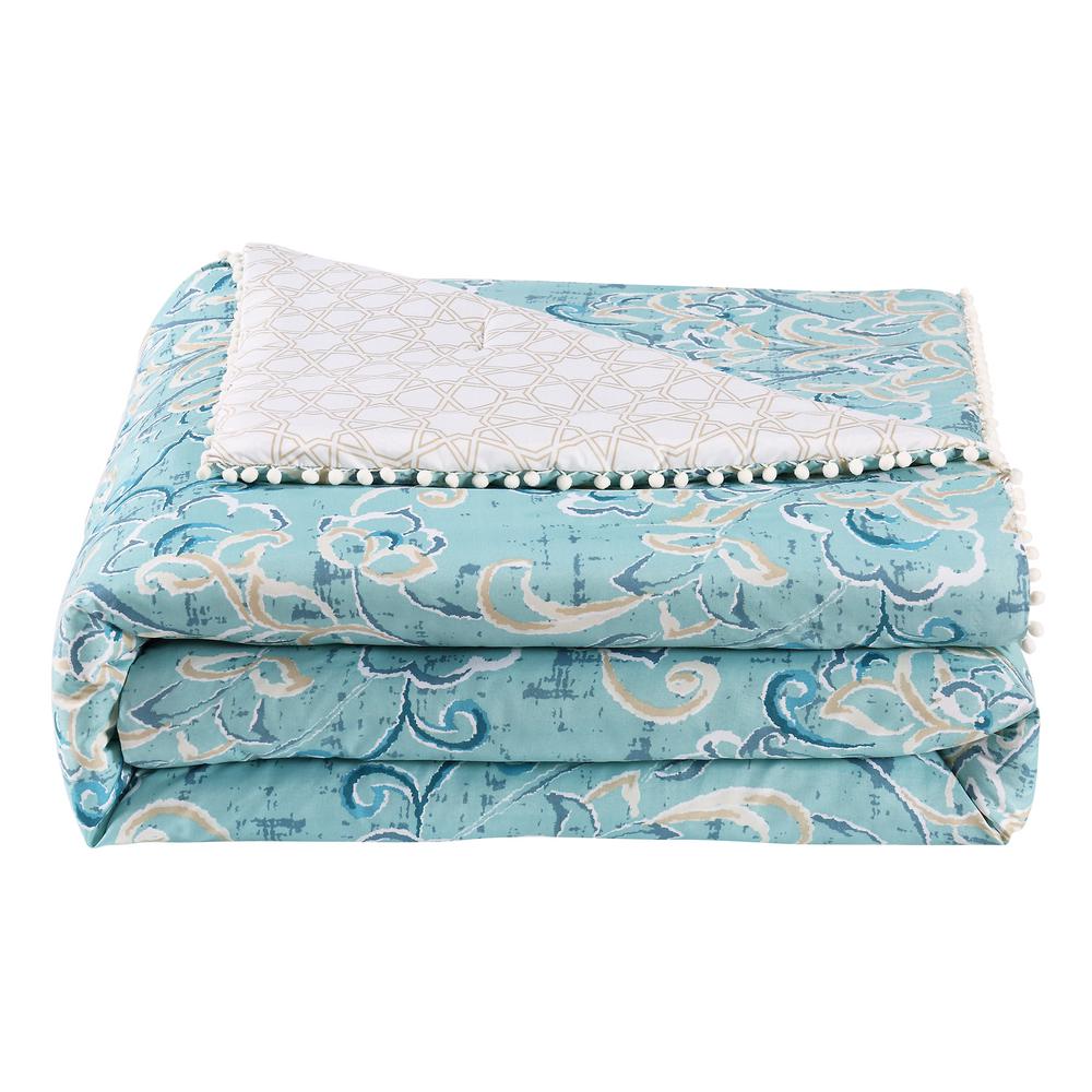 Finley Pom Pom 7 Piece Aqua White Taupe King Comforter Set