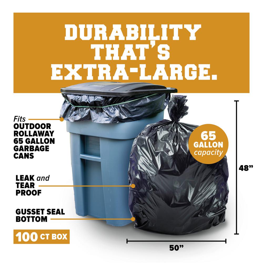 Plasticplace 50 In W X 48 In H 65 Gal 1 5 Mil Black Gusset Seal Rollout Trash Bags 100 Case W65ldb The Home Depot