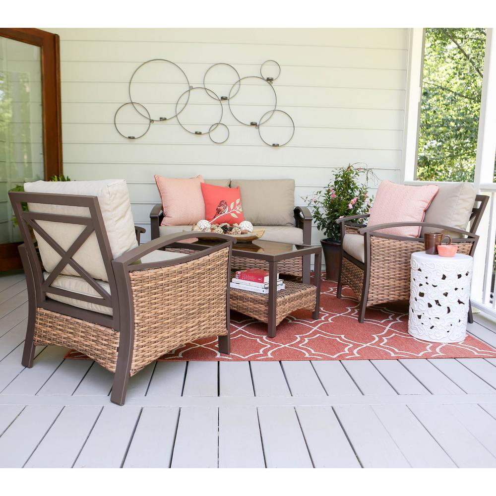 No Additional Features Metal Patio Furniture Farmhouse Thompson 4 Piece Wicker Patio Conversation Set With Tan Cushions