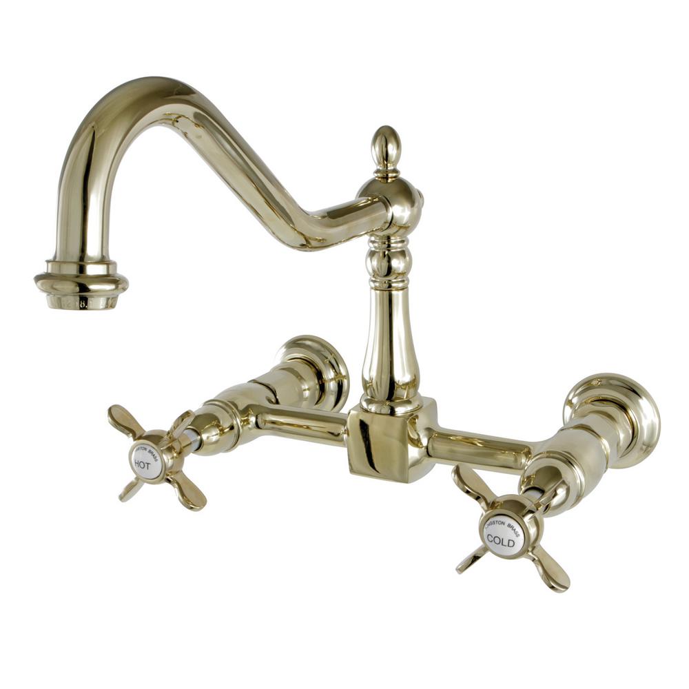 Kingston Brass Victorian Solid Cross 2 Handle Wall Mount Kitchen Victorian Solid Cross 2 Handle Wall Mount Kitchen Faucet In Polished Brass