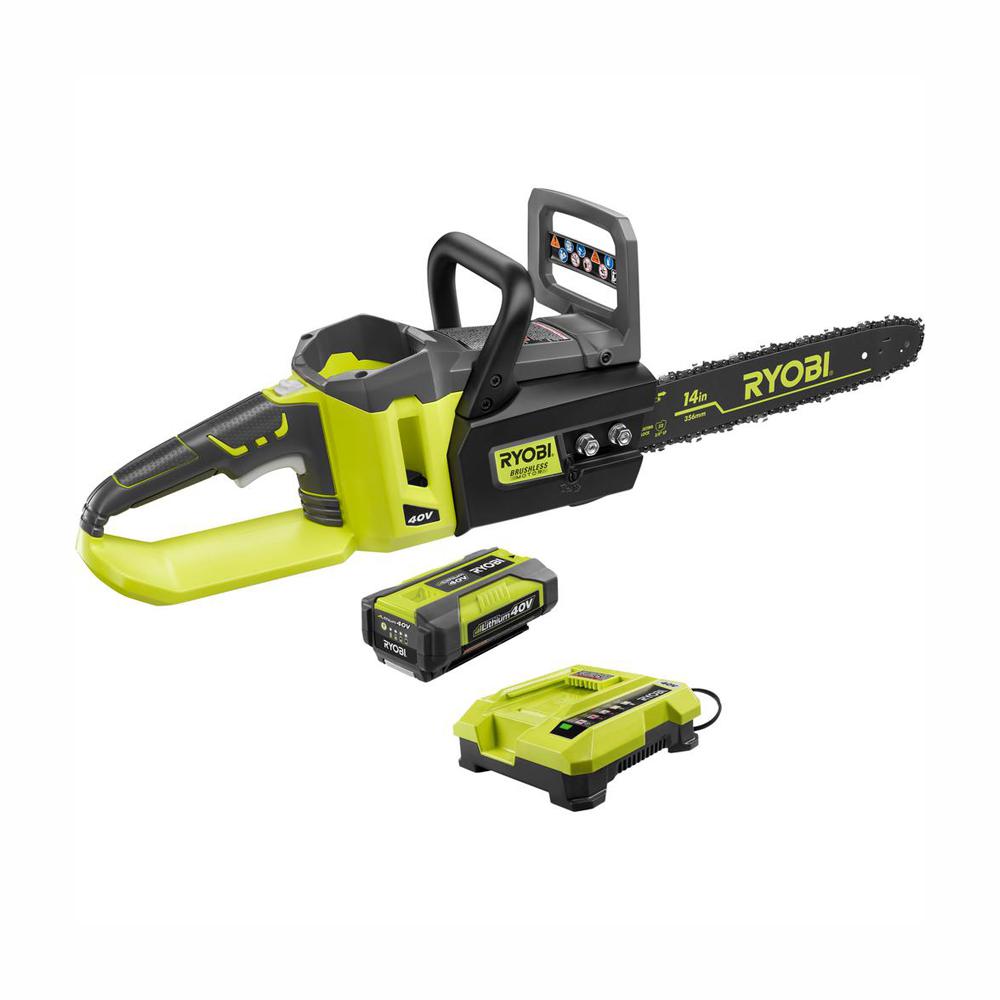 Ryobi 14 In 40 Volt Brushless Lithium Ion Cordless Chainsaw 1 5 Ah Battery And Charger Included