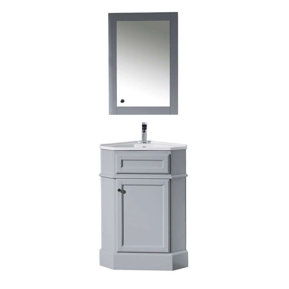 Stufurhome Hampton 27 In W X 18 In D Corner Vanity In Grey With Porcelain Vanity Top In White With White Basin And Mirror Cabinet