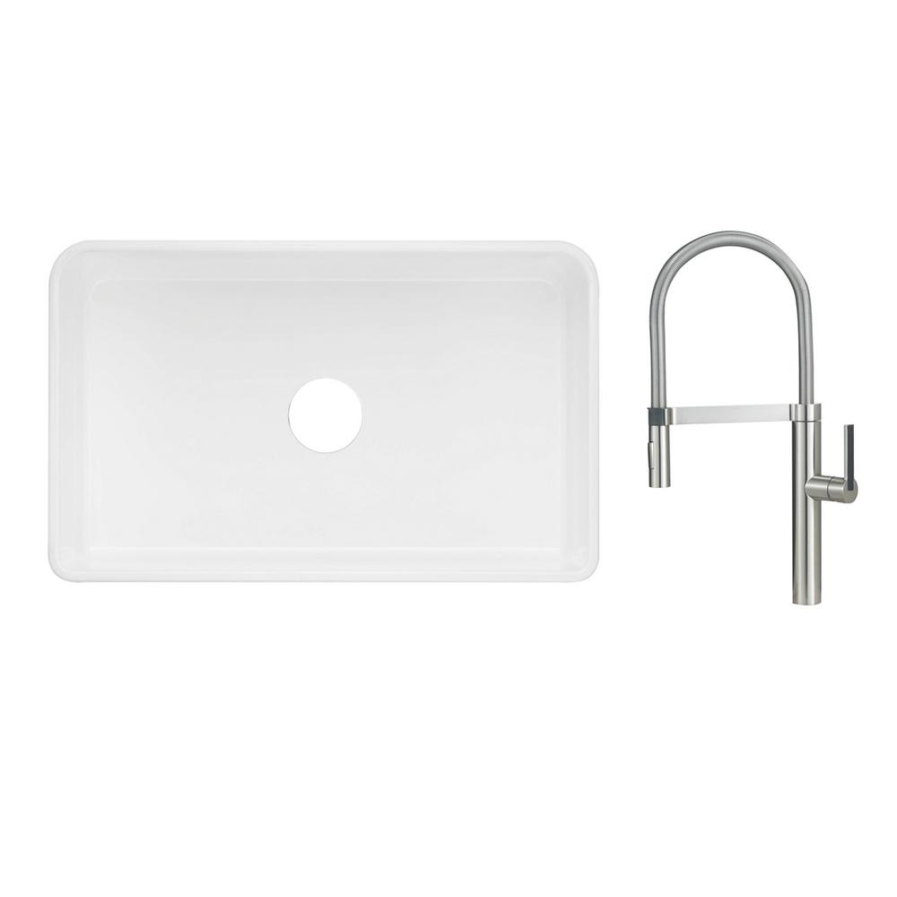 Blanco Cerana Ii Apron Front Fireclay 30 In Single Bowl Kitchen Sink In White With Faucet In Satin Nickel