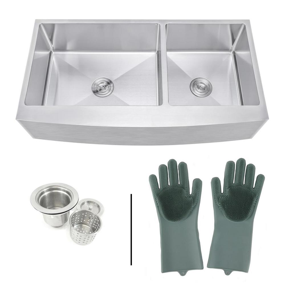 Emoderndecor Farmhouse Apron 16 Gauge Stainless Steel 42 In Curve Front 60 40 Double Bowl Kitchen Sink Silicone Gloves And Strainer
