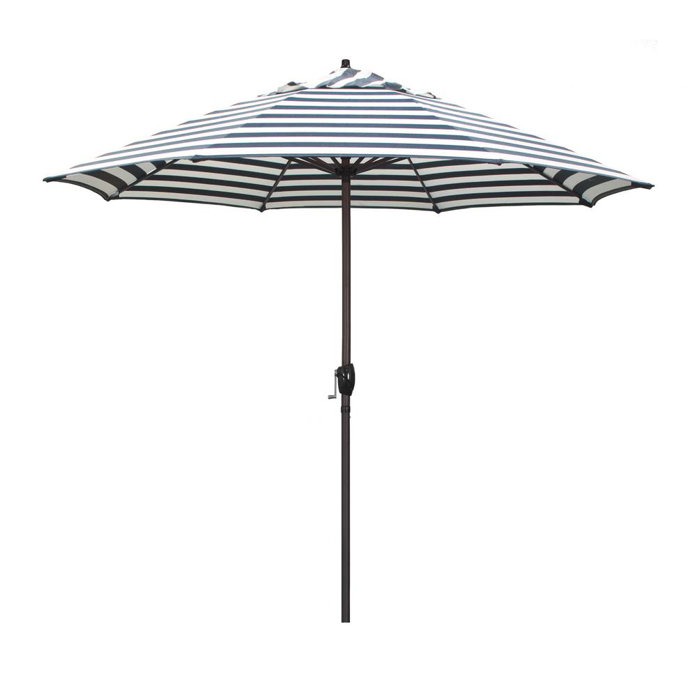 California Umbrella 9 Ft Aluminum Market Auto Tilt Crank Lift Bronze Patio Umbrella In Navy White Cabana Stripe Olefin Ata908117 F96 The Home Depot