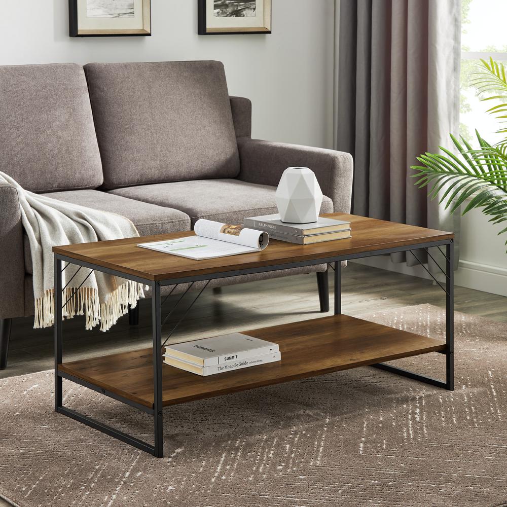 Welwick Designs 40 in. Grey Wash Industrial Metal Accent Coffee Table