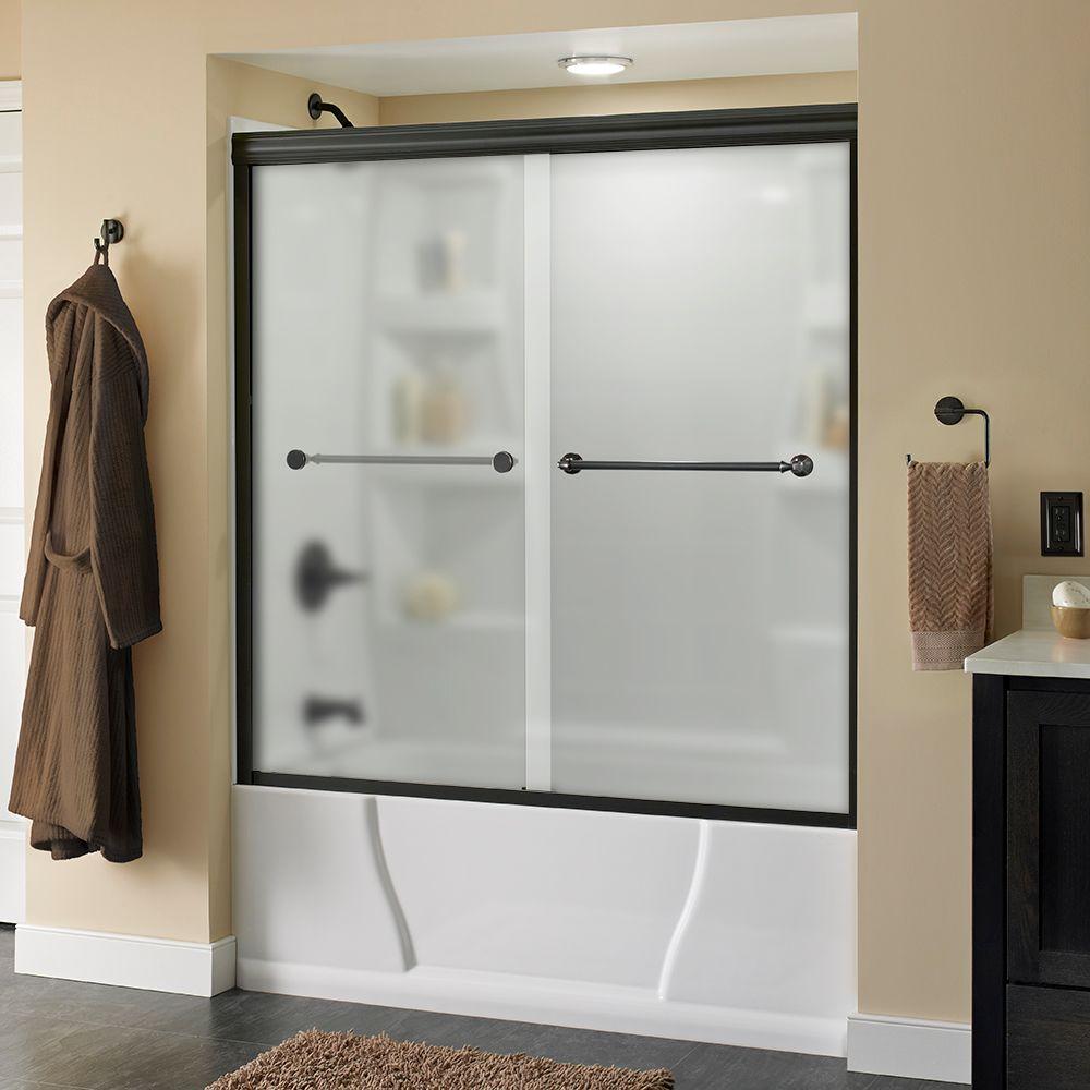 Delta Mandara 60 In X 58 1 8 Semi Frameless Traditional Sliding Bathtub Door Bronze With Niebla Glass
