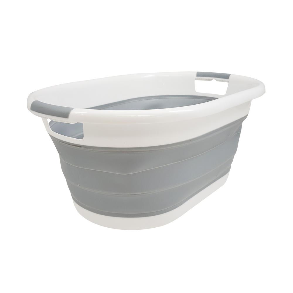 HOMZ White and Grey Collapsible Plastic Oval Laundry Basket (Set of 1