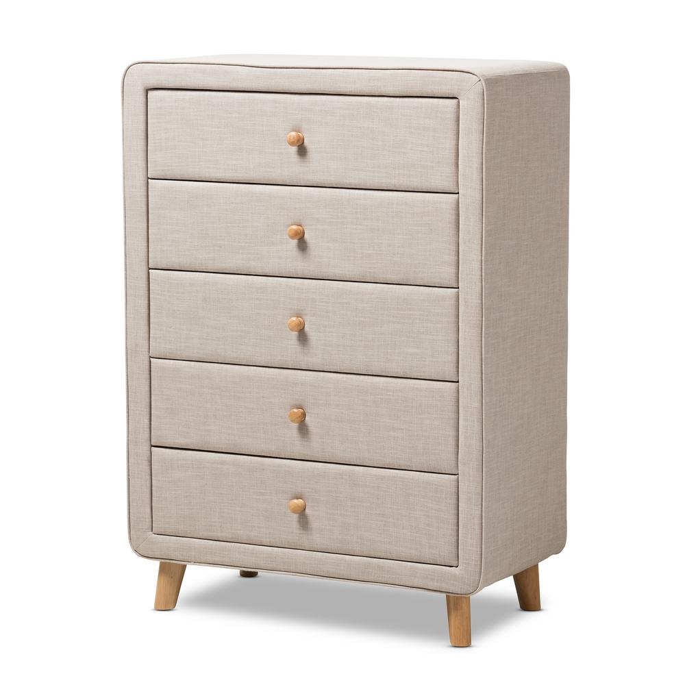 Baxton Studio Jonesy Mid Century 5 Drawer Beige Fabric Upholstered
