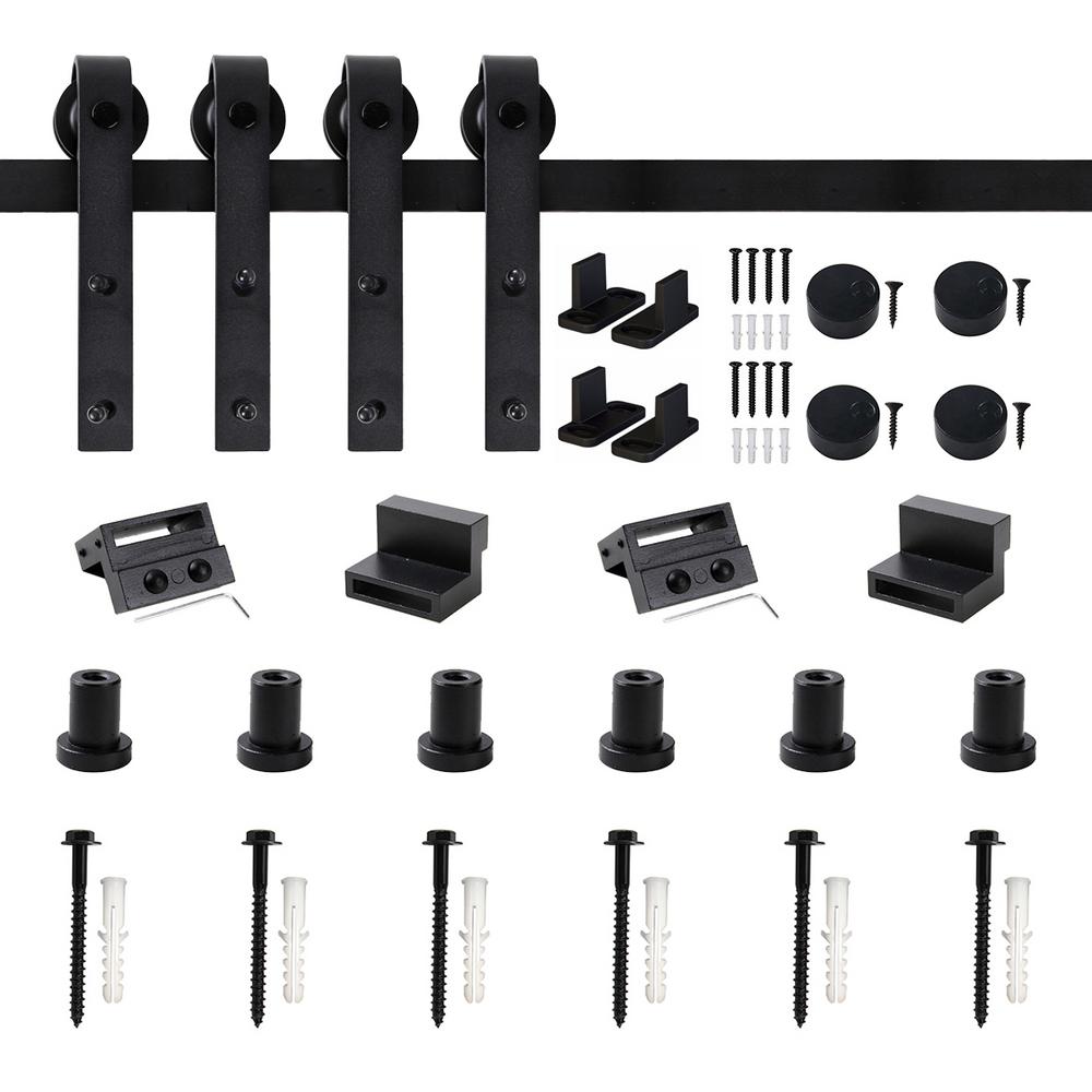 Winsoon 90 In Frosted Black Sliding Barn Door Hardware Track Kit For Double Doors With Non Routed Floor Guide